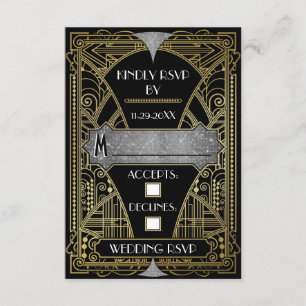 Vintage Black & Silver Art Deco Wedding RSVP Cards