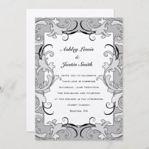 Vintage Black Silver Swirls Wedding Invitation