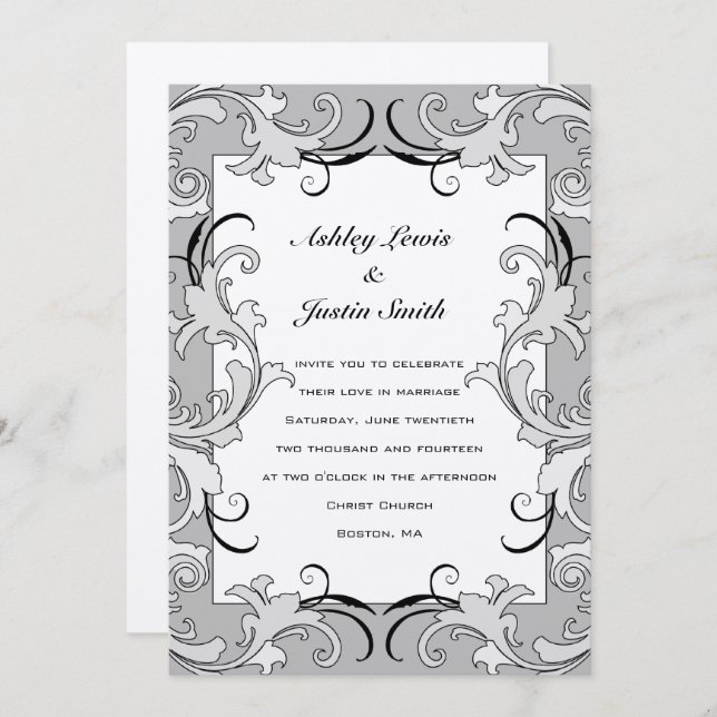 Vintage Black Silver Swirls Wedding Invitation (Front/Back)