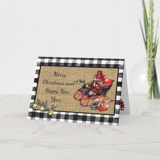 Vintage Black Sleigh Packages Black Check Burlap Card (Front)
