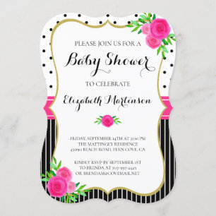 Vintage Black Stripes Dots Pink Floral Baby Shower Invitation