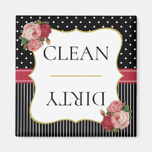 Vintage Black Stripes Dots Red Floral Dishwasher Magnet