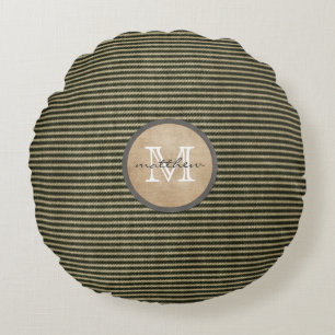 Vintage Black Ticker Pattern Monogram Burlap Round Cushion
