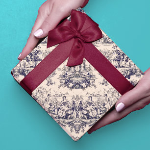 Vintage Black Toile de Jouy Floral Wrapping Paper Sheet