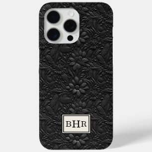 Vintage Black Tooled Leather Monogrammed iPhone 15 Pro Max Case