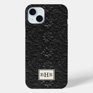 Vintage Black Tooled Leather Monogrammed iPhone 15 Mini Case