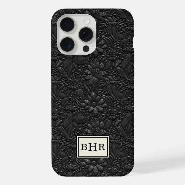 Vintage Black Tooled Leather Monogrammed iPhone Case (Back)