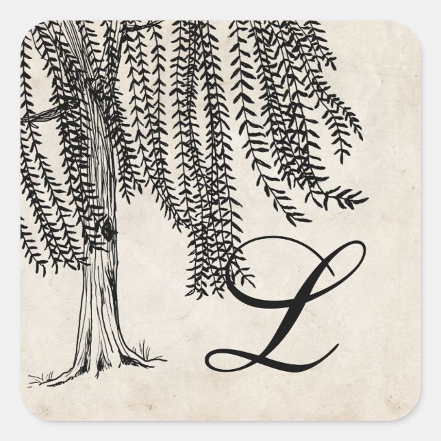 Vintage Black Weeping Willow Tree Monogram Square Sticker (Front)