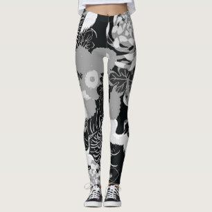Vintage black, white and grey flowers and birds leggings