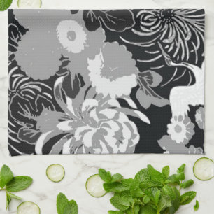 Vintage black, white and grey flowers and birds tea towel