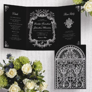 Vintage Black White Baroque Arch Gate Wedding Tri-Fold Invitation