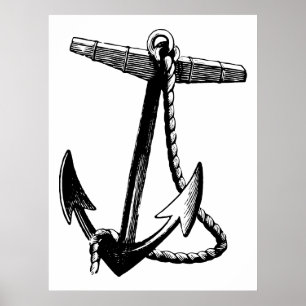 Vintage Black & White Boat Anchor and Rope Poster