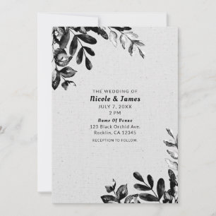 Vintage Black + White Botanical Leaves Wedding Invitation