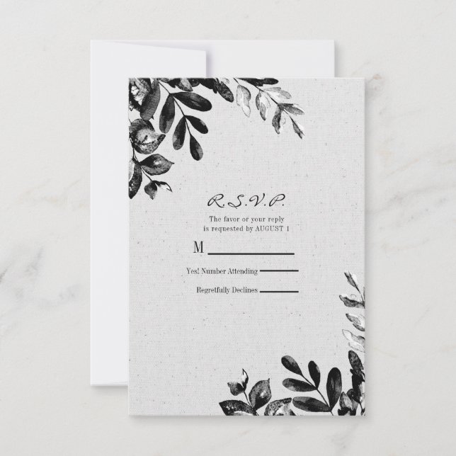 Vintage Black + White Botanical Leaves Wedding RSVP Card (Front)