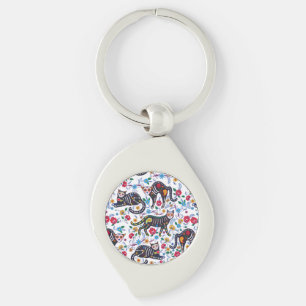 Vintage Black White Cats Halloween Gothic Floral Key Ring