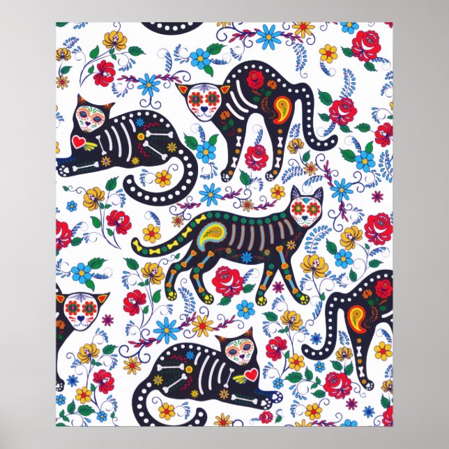 Vintage Black White Cats Halloween Gothic Floral Poster (Front)