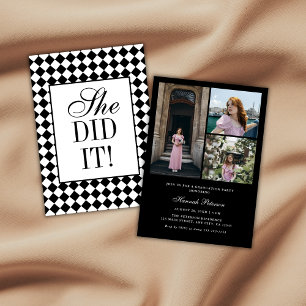 Vintage Black & White Checkered Graduation 3 Photo Invitation
