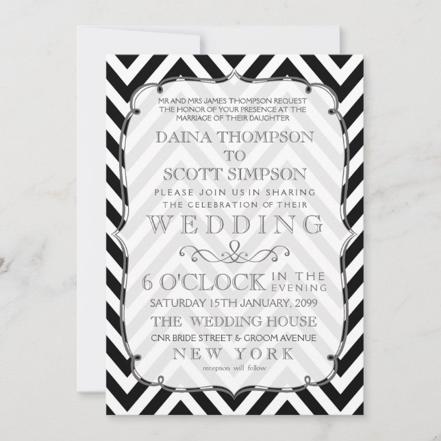 Vintage Black & White Chevron Wedding Invite (Front)