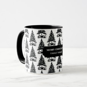 Vintage Black White Christmas Tree Custom Name  Mug