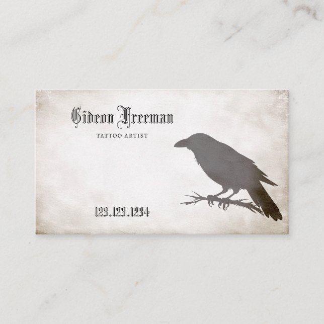 Vintage Black & White Crow Tattoo Artist Business Card (Front)