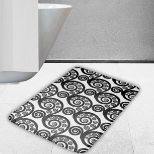 Vintage Black White Curly Swirls Fern Leaf Pattern Bath Mat