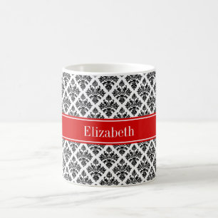 Vintage Black White Damask #3 Red Name Monogram Coffee Mug