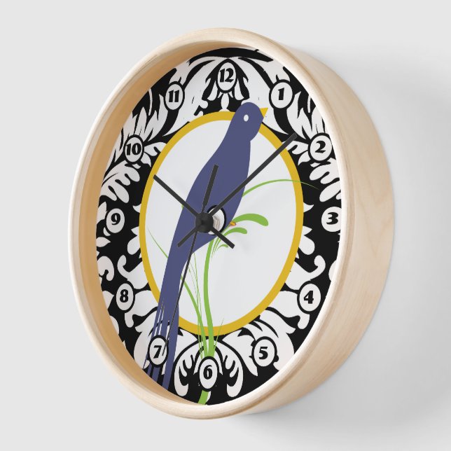 Vintage Black White Damask Navy Yellow Bird Clock (Angle)