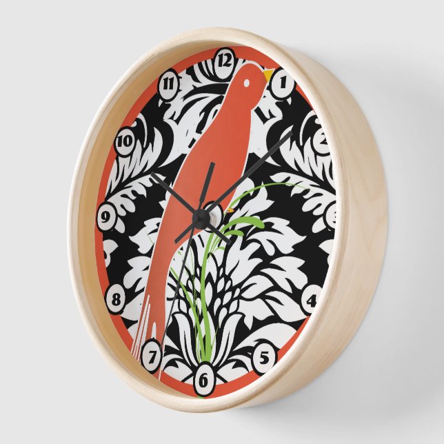 Vintage Black White Damask Tangerine Bird Clock (Angle)