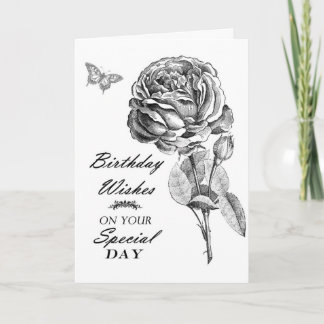 Vintage black white drawing rose flower Birthday Card