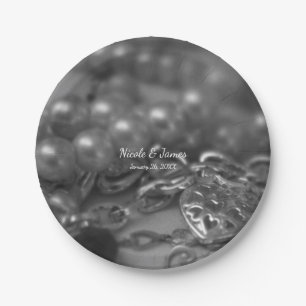 Vintage Black & White Elegant Pearls Wedding Paper Plate