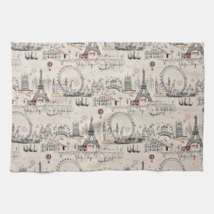 Vintage Black & White Europe Images Tea Towel