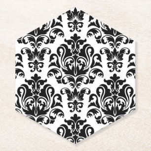 Vintage Black White Floral Elegant Wedding Damask Paper Coaster