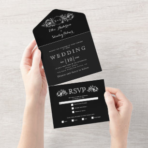 Vintage black white floral frame, initials wedding all in one invitation