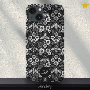 Vintage Black White Floral Pattern Bees Initials iPhone 13 Case