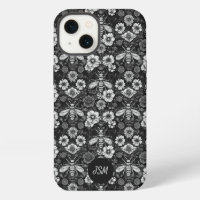 Vintage Black White Floral Pattern Bees Initials
