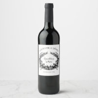 Vintage Black White Floral Swirls Wine Label