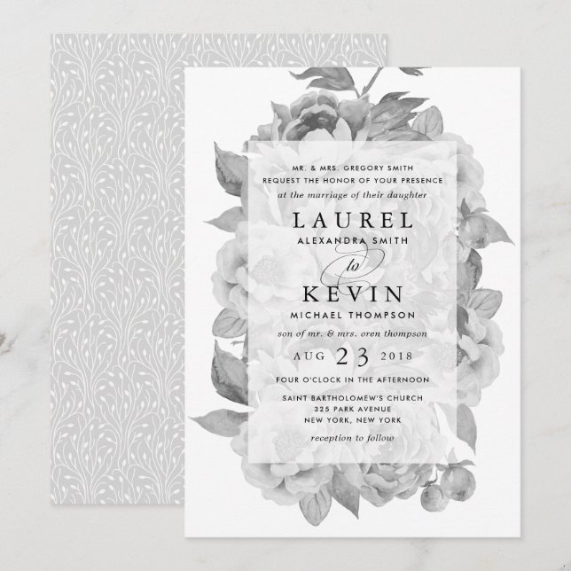 Vintage Black & White Floral Wedding Invitation (Front/Back)
