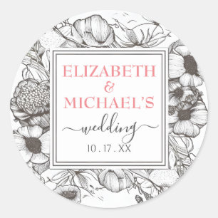 Vintage Black White Floral Wedding Square Frame Classic Round Sticker