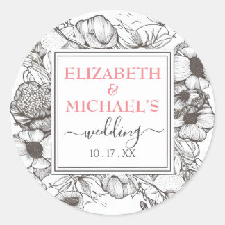 Vintage Black White Floral Wedding Square Frame Classic Round Sticker