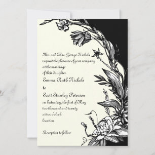 Vintage black white flowers ivory floral wedding invitation