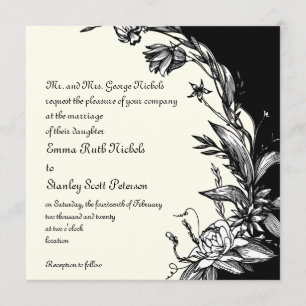Vintage black white flowers ivory floral wedding invitation