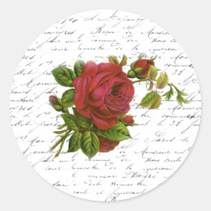 Vintage Black White French Typography Red Rose Classic Round Sticker