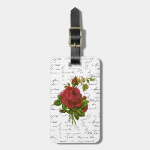 Vintage Black White French Typography Red Rose Luggage Tag