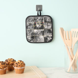 Vintage Black White Gold Monogram 12 Photo Collage Pot Holder