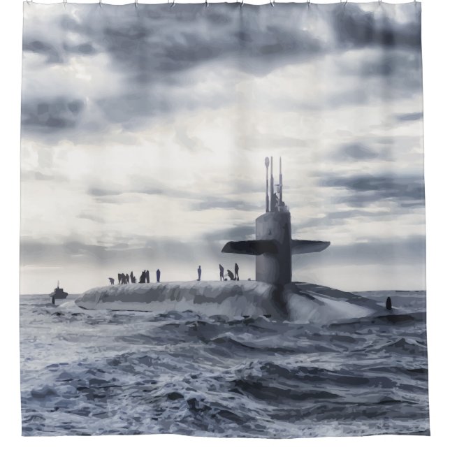 Vintage Black White Grey Submarine Ocean Shower Curtain (Front)