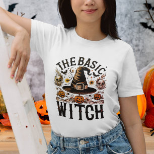 Vintage Black White Halloween Basic Witch Womens T-Shirt