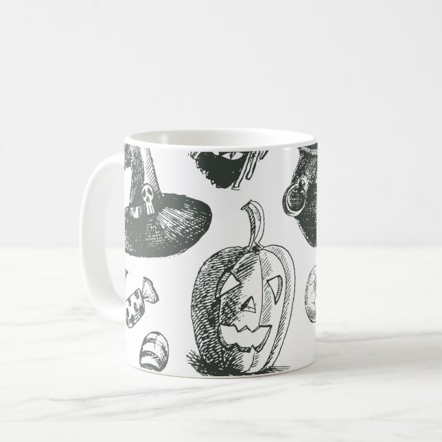 Vintage Black & White Halloween Pattern Coffee Mug (Front Left)