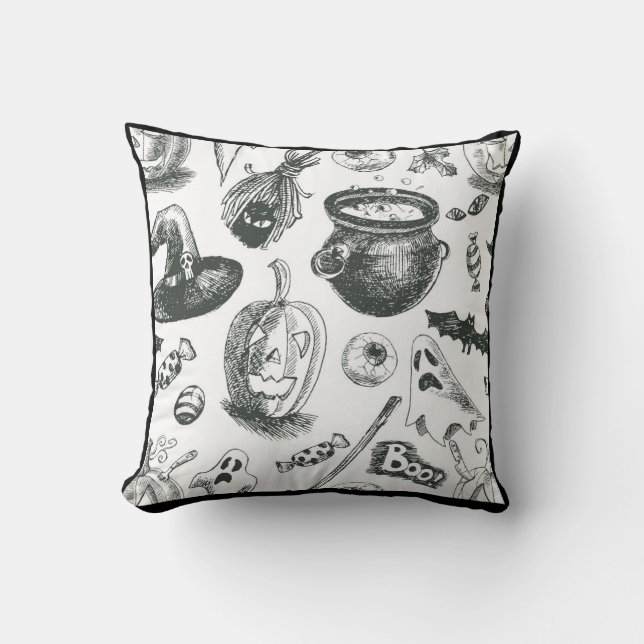 Vintage Black & White Halloween Pattern Cushion (Front)