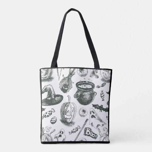 Vintage Black & White Halloween Pattern Tote Bag (Back)