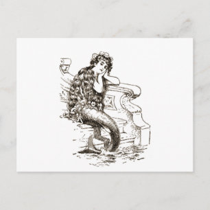 Vintage Black White Mermaid Drawing Postcard